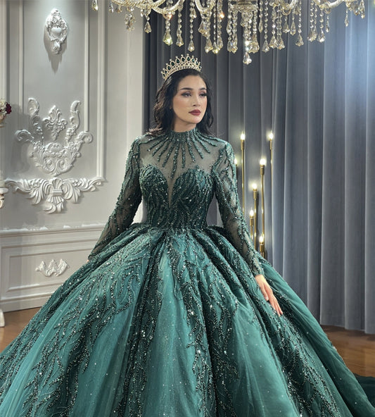 High Neck Sheer Sequin Beaded Long Sleeve Green Elegant Special Occasion Event Prom Pageant Bridal Ball Gown