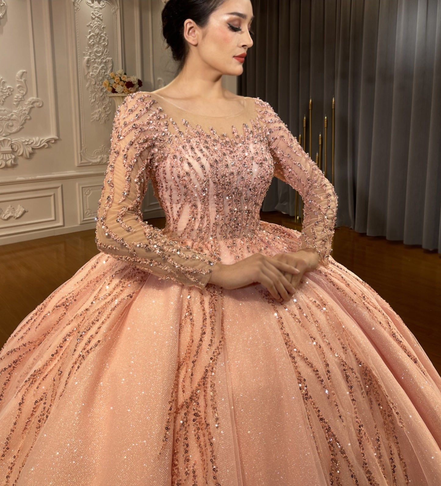 Pink Beaded Sequin 2023 Long Sleeve Illusion Sweetheart Prom Special Occasion Gala Quinceañera Princess Bridal Ball Gown