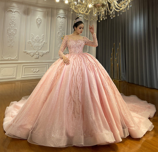 Pink Beaded Sequin 2023 Long Sleeve Illusion Sweetheart Prom Special Occasion Gala Quinceañera Princess Bridal Ball Gown