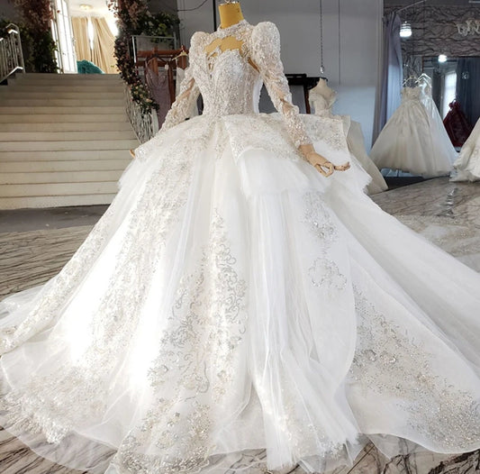 Crystal Beaded Sequin Sweetheart Mid Neck Sheer Long Sleeve Exquisite Shimmering Layered Princess Bridal Gown With Royal Train