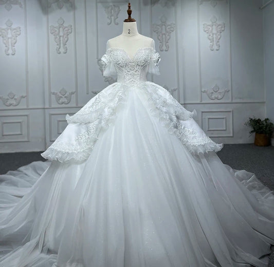 Vintage Inspired Off The Shoulder Pearl Draped Rose Detail Ruffle Layered Satin Sequin Appliqués Shimmering Bridal Gown