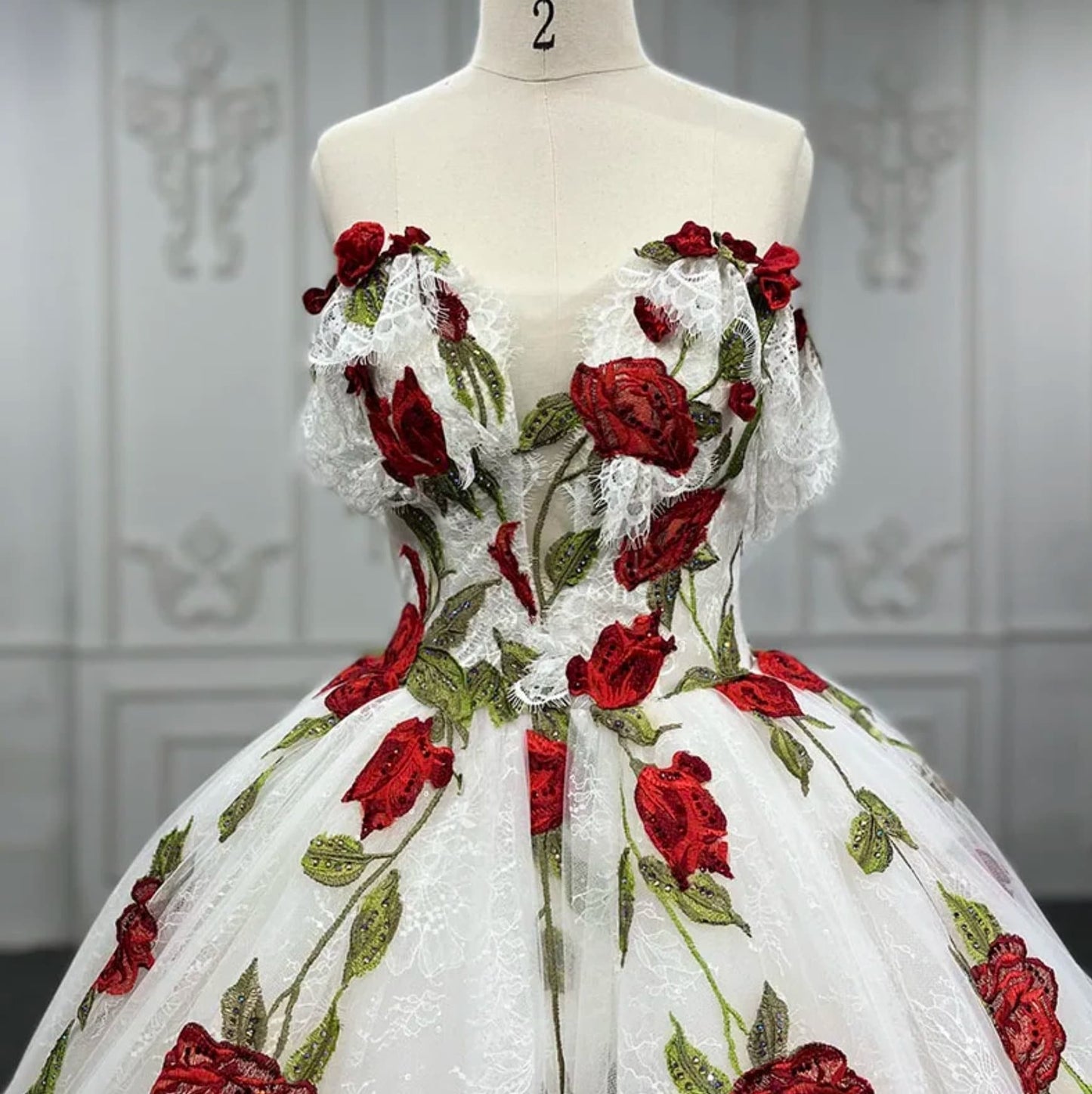 Floral Red Rose And Lace Embroidered Sweetheart Off The Shoulder Bridal Quinceañera Special Occasion Gown
