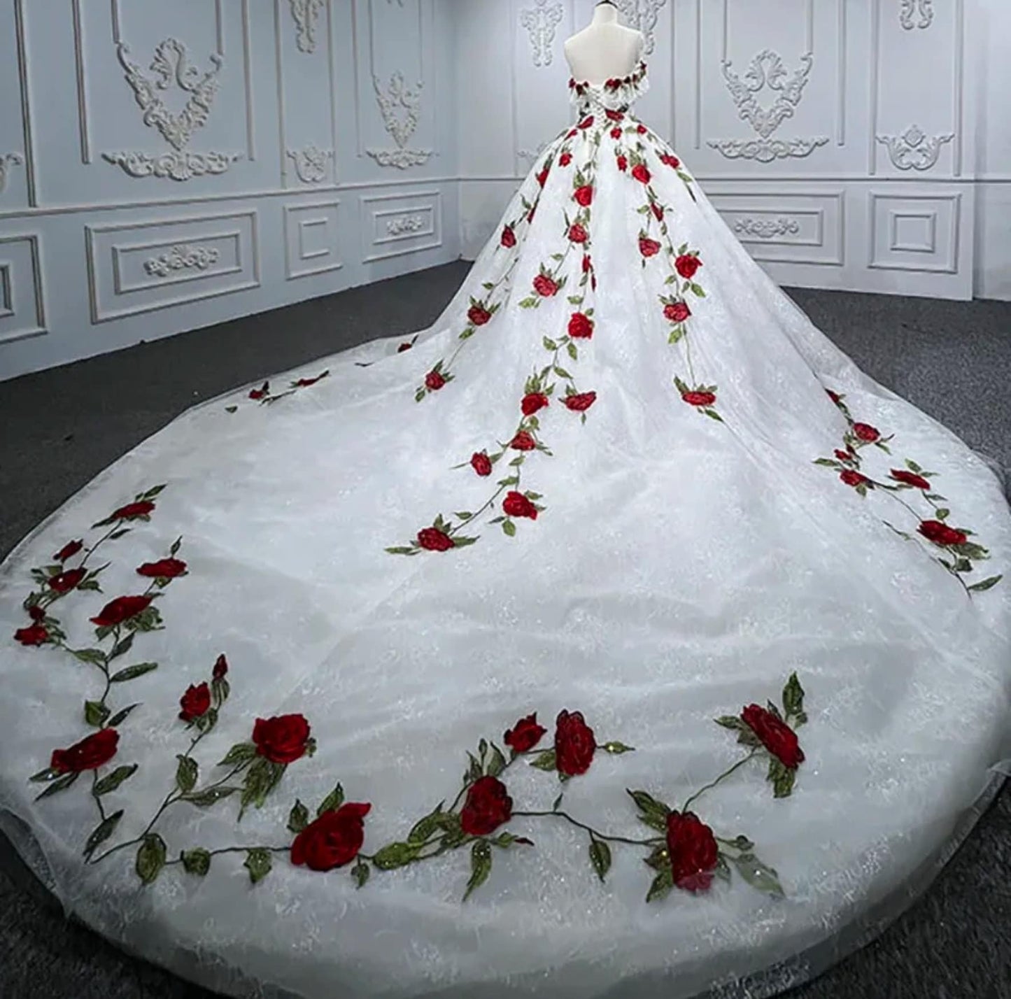 Floral Red Rose And Lace Embroidered Sweetheart Off The Shoulder Bridal Quinceañera Special Occasion Gown