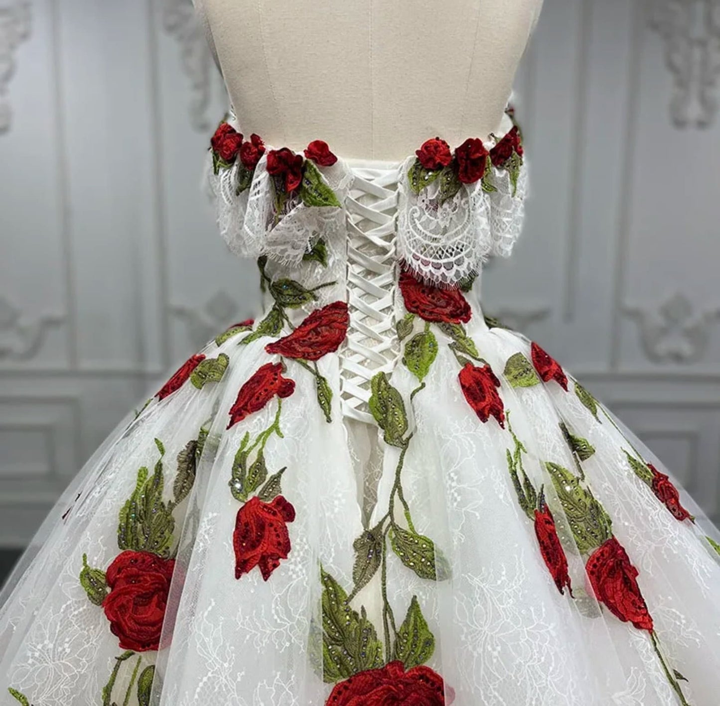 Floral Red Rose And Lace Embroidered Sweetheart Off The Shoulder Bridal Quinceañera Special Occasion Gown