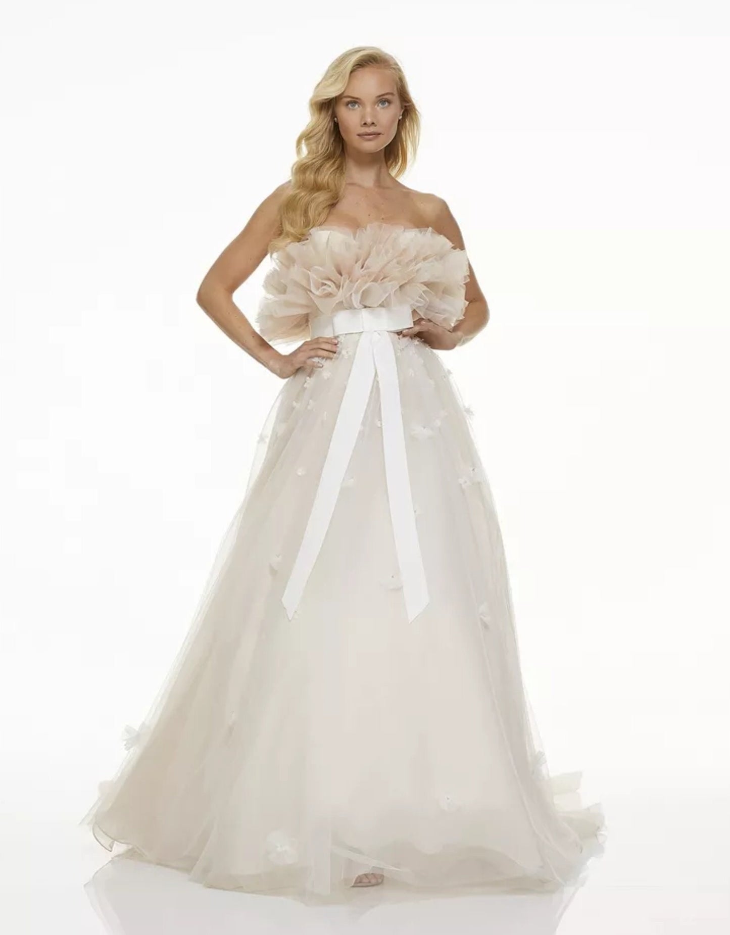 Sweetheart Frill Boat Neck A-Line Gown With Scattered Floral Detail And Bow Knot Waistline