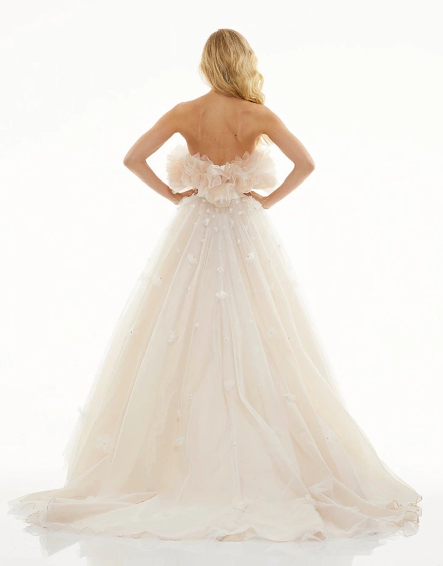 Sweetheart Frill Boat Neck A-Line Gown With Scattered Floral Detail And Bow Knot Waistline