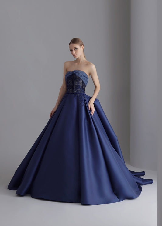 Beautiful Floral Lace Appliqué Folded Pearl Beaded Pleated Structured Back With Button Up Enclosure Special Occasion Event Gown