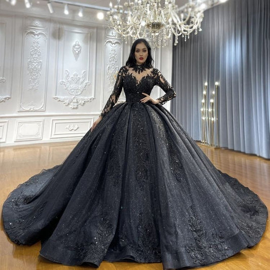 Black High Neck Sheer Long Sleeve Sequin Beaded Special Occasion Prom Gala Event Bridal Ball Gown