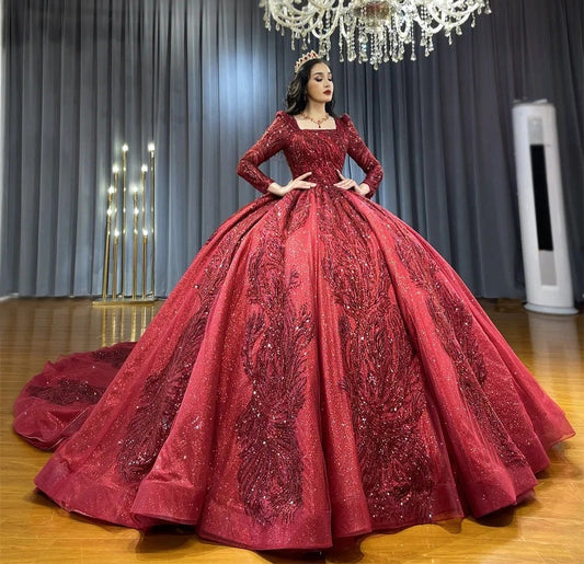 Gorgeous Red Sequin Beaded Elegant 2023 Square Neck Long Sleeve A-Line Prom Gala Special Occasion Event Pageant Party Bridal Ball Gown