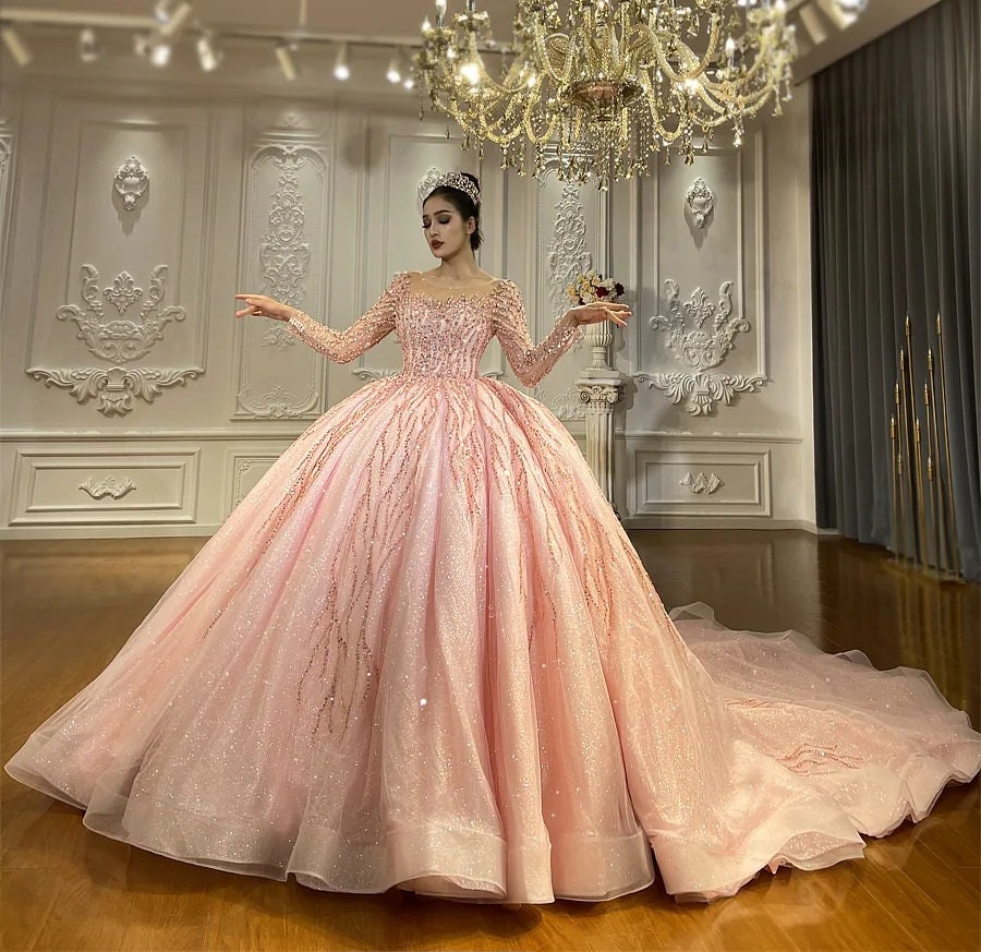 Pink Beaded Sequin 2023 Long Sleeve Illusion Sweetheart Prom Special Occasion Gala Quinceañera Princess Bridal Ball Gown