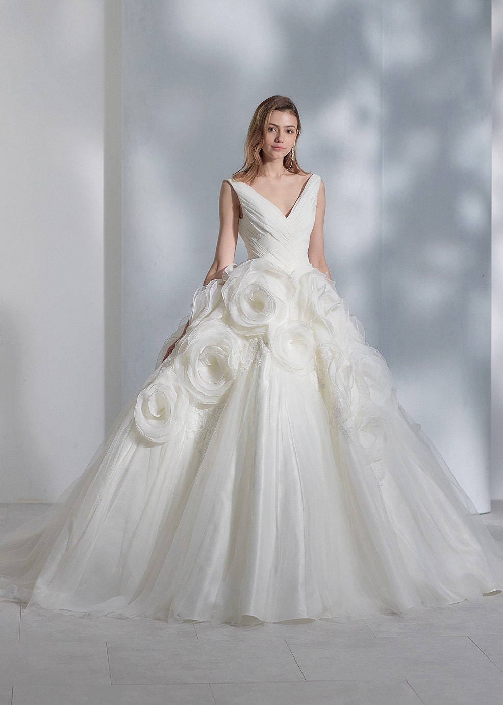 Beautiful Pleated Criss Cross Sleeveless V Neck Structured Oversized Flower And Appliqué Detail Bridal Princess Ball Gown