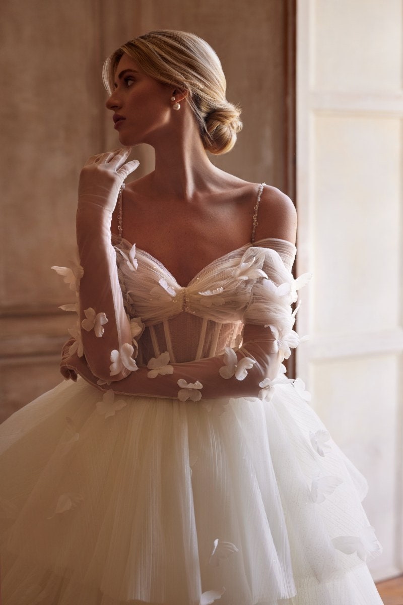 Off The Shoulder Pleated Scattered Pearl Beaded Butterfly Layered Corset Style A-Line Princess Bridal Gown