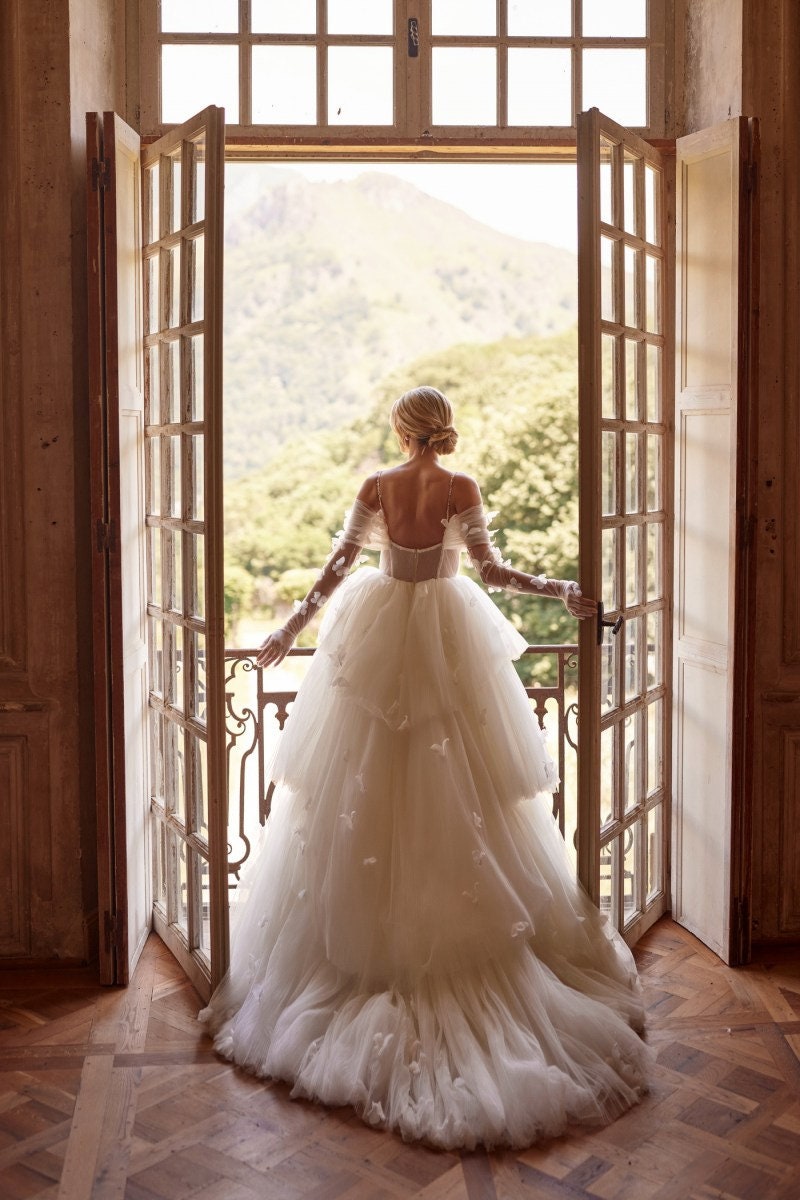 Off The Shoulder Pleated Scattered Pearl Beaded Butterfly Layered Corset Style A-Line Princess Bridal Gown