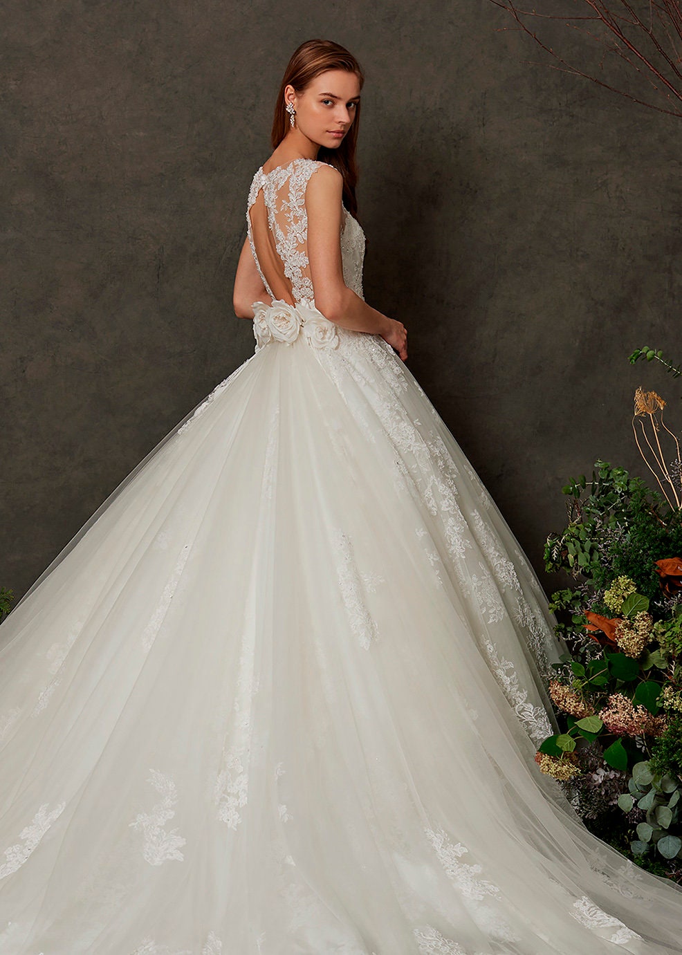 Classic Floral Beaded Sequin Laced Sleeveless Sweetheart Gown With Open Back And Beautiful Floral 3D Detail