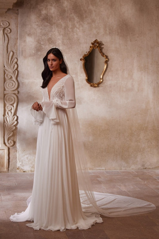 Beautifully Beaded Floral Long Sleeve Wrist Beaded Detail Boho Trumpet Bridal Gown