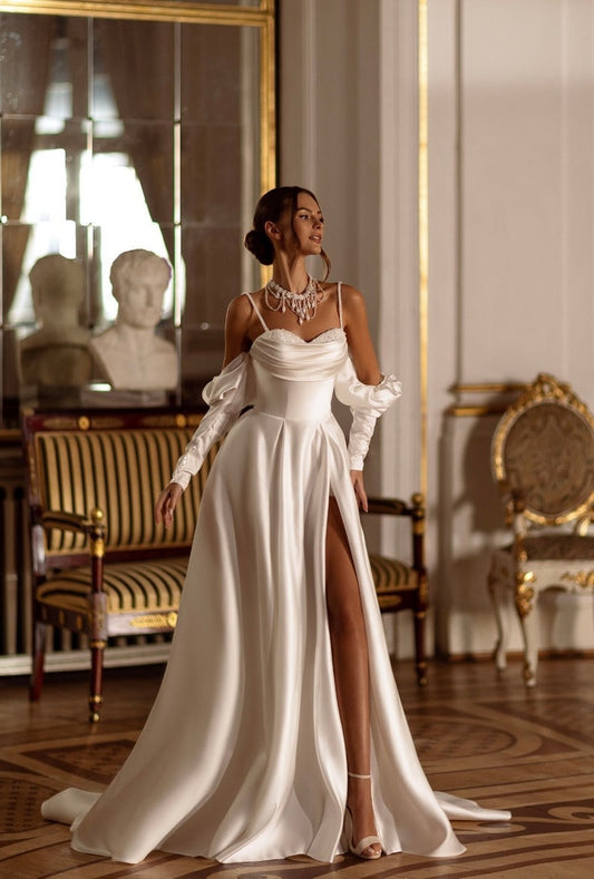 Crystal Beaded Spaghetti Strap Draped Sweetheart Half Sleeve Crystal Embellished Split Hem Trumpet Gown With Lace Up Enclosure