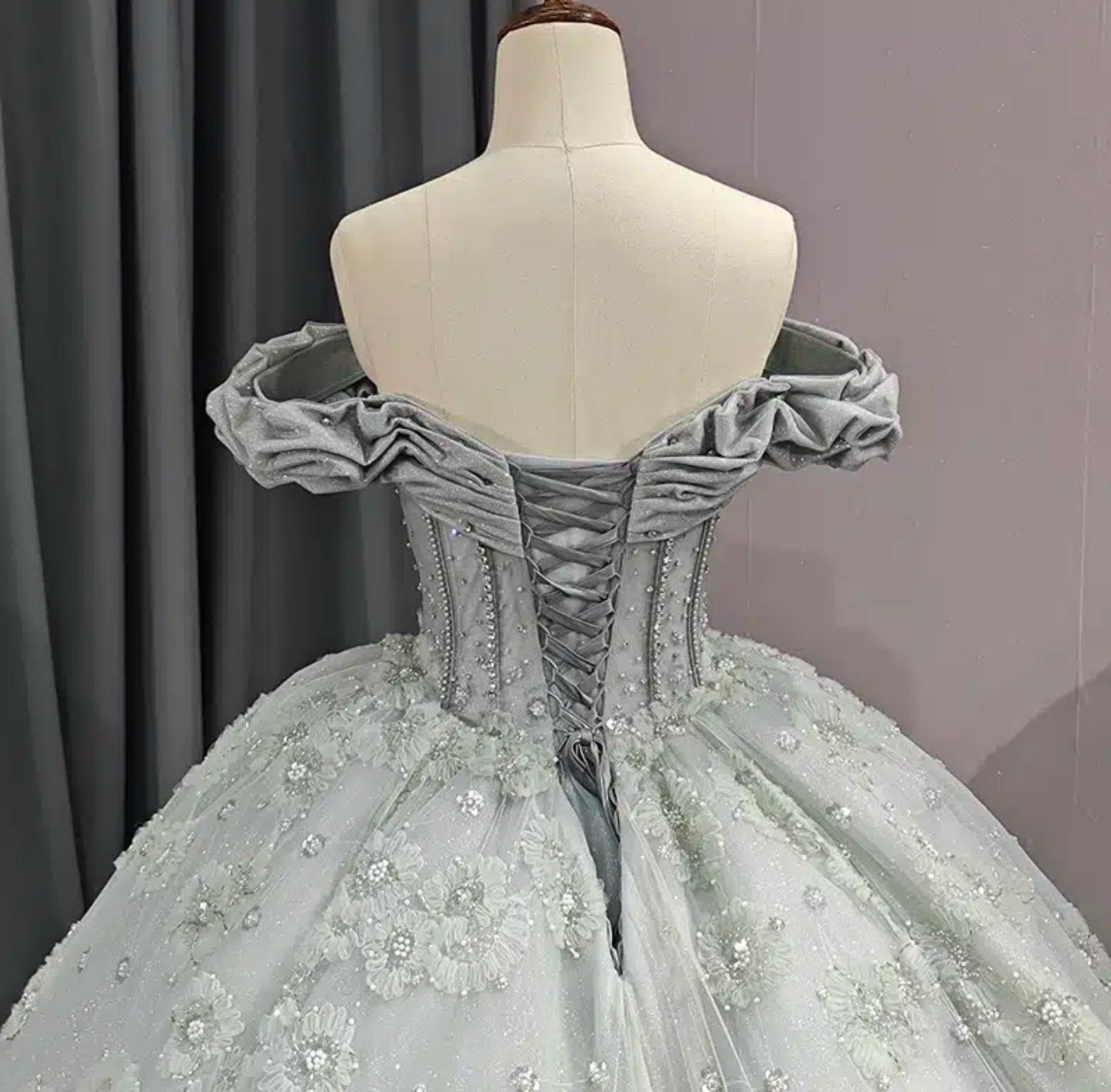 Scattered Floral Rhinestone Beaded Embellished Victorian Ruched Sweetheart Off The Shoulder Special Occasion Ball Gown