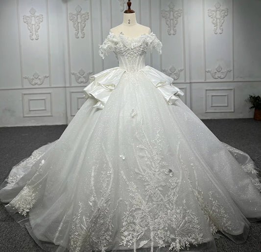 3D Multi Beaded Fluttering Butterflies Off The Shoulder Shimmering Sweetheart Gown With Layered Satin Waistline Bridal Gown