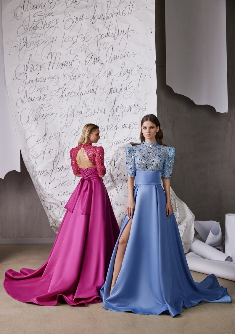 Mid Neck Geometric Sequinned Half Sleeve Split Hem A-Line Prom Special Occasion Gown With Open Back And Draping Detail