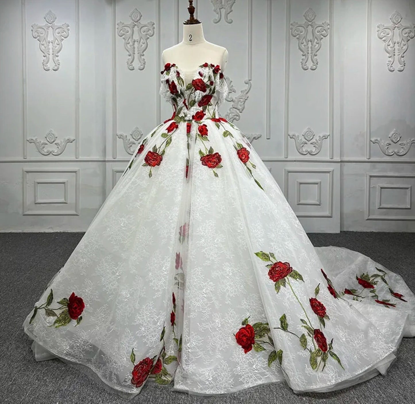 Floral Red Rose And Lace Embroidered Sweetheart Off The Shoulder Bridal Quinceañera Special Occasion Gown
