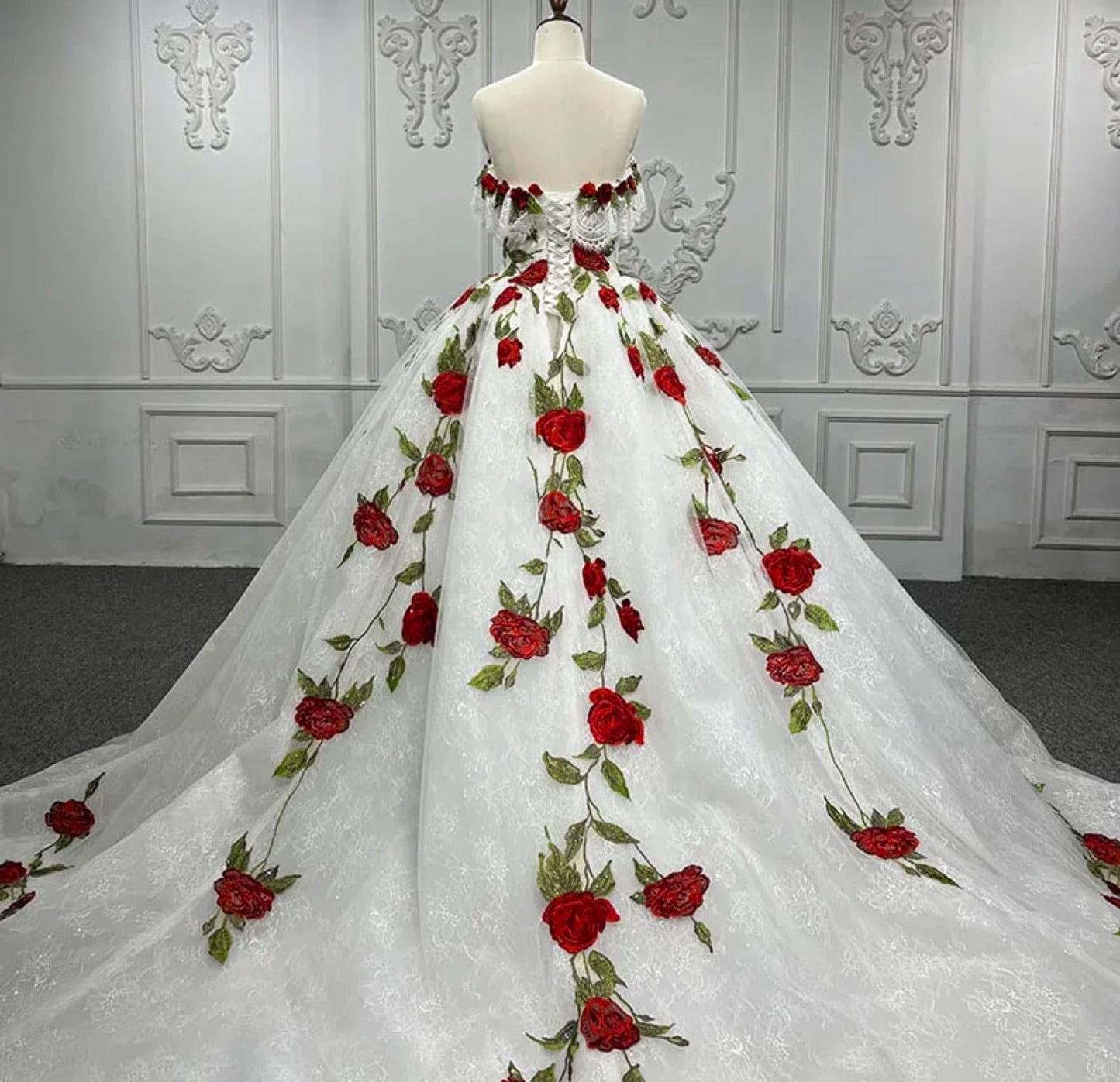 Floral Red Rose And Lace Embroidered Sweetheart Off The Shoulder Bridal Quinceañera Special Occasion Gown