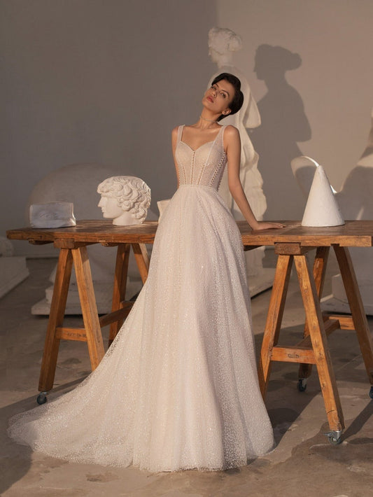 Shimmering Glitter Sleeveless Sweetheart Hollowed Out Pearl Beaded Corset A-Line Gown