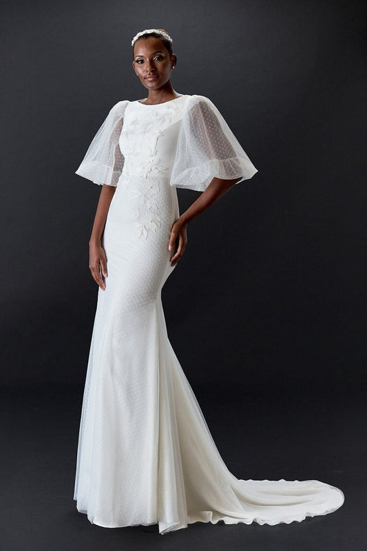 Dotted Half Puff Sleeve Trumpet Gown With Floral Appliqué Front And Back Detail