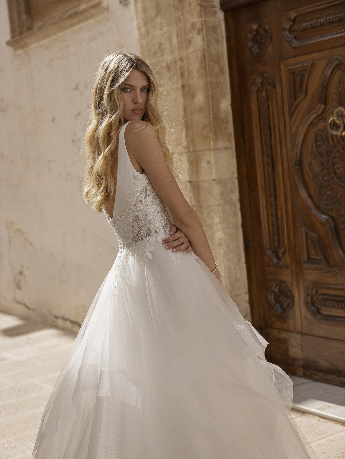 Pleated V Neck Spaghetti Strap Ruffled Layered Skirt With Floral Cut Out Lace Appliqués Sides Bridal Gown