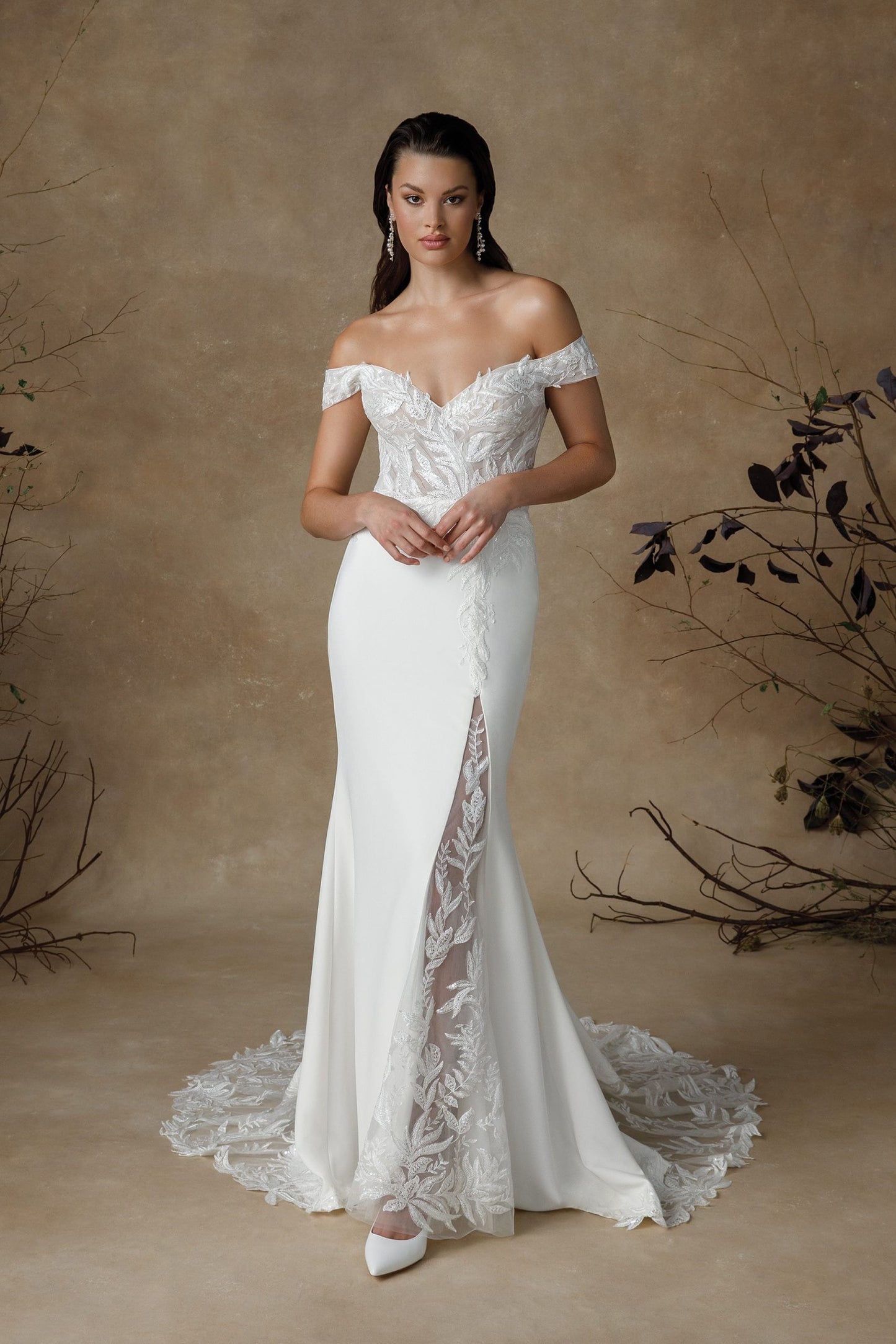 Floral Sequin Appliqué Off The Shoulder Bodice With Split Hem Floral Lace Underlay Trumpet Gown