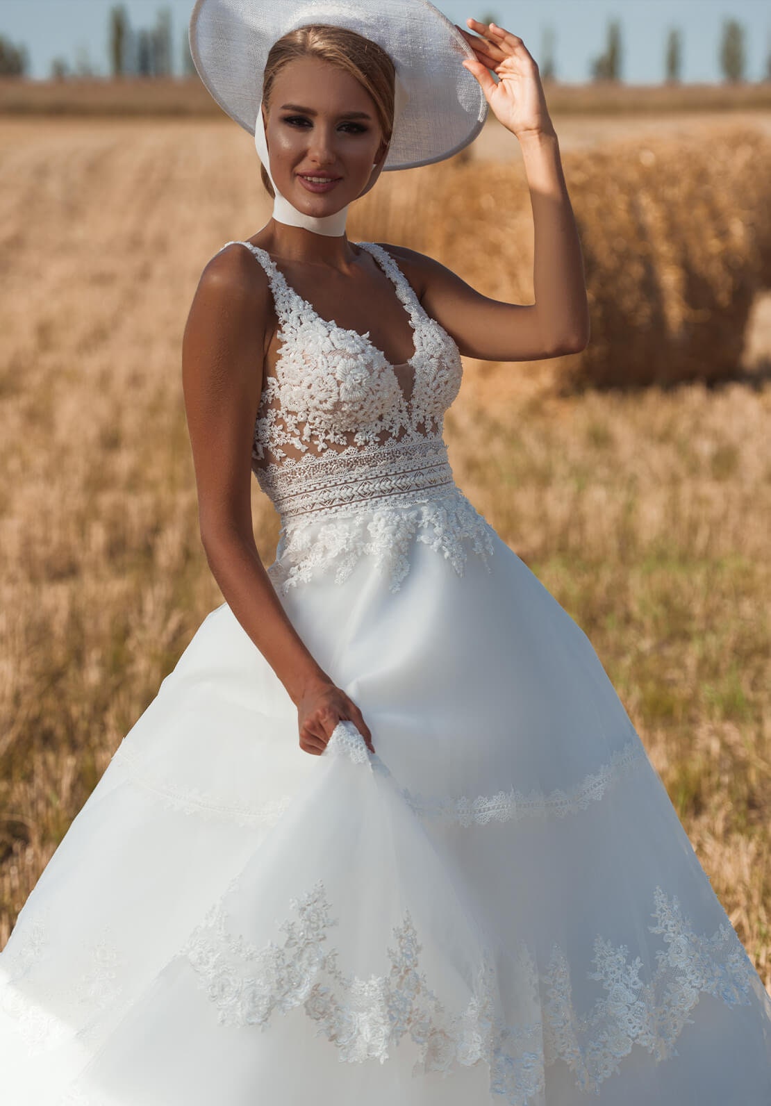 Beautiful Beaded Sequin Floral Plunging V Neck Sleeveless Boho Country Inspired A-Line Bridal Gown