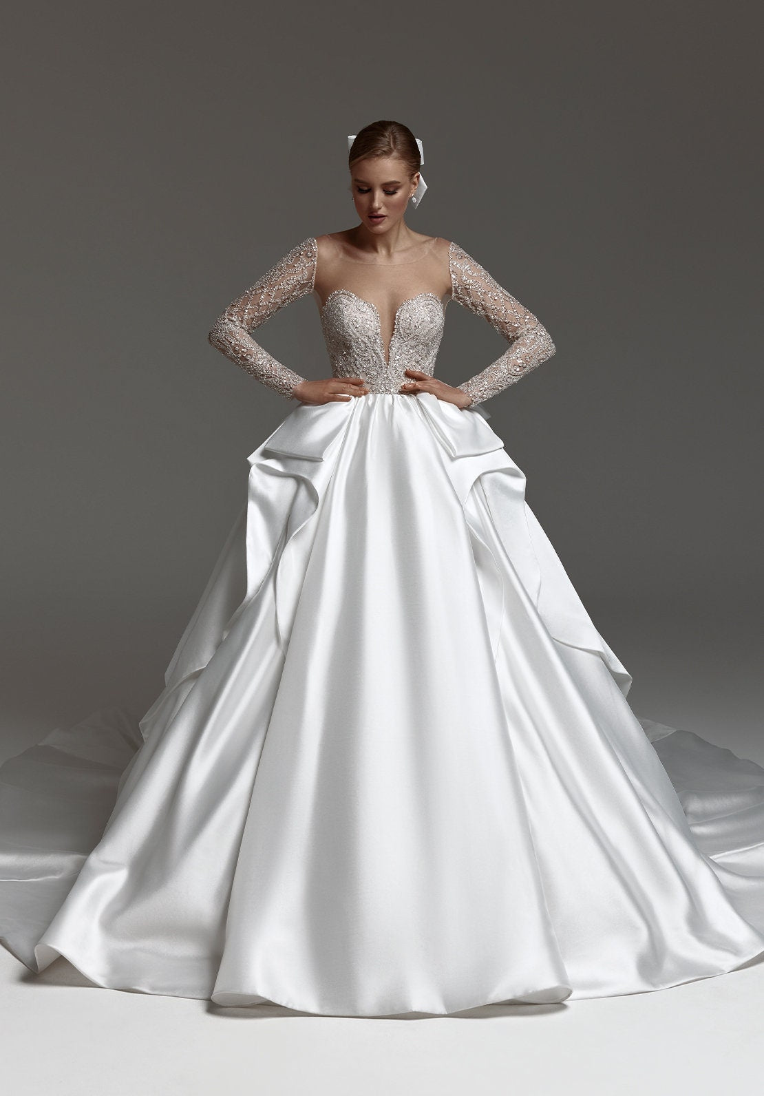 Crystal Beaded Plunging Illusion Sweetheart Long Sleeve A-Line Satin Pleated And Beautifully Layered Back Train With Open Back Gown