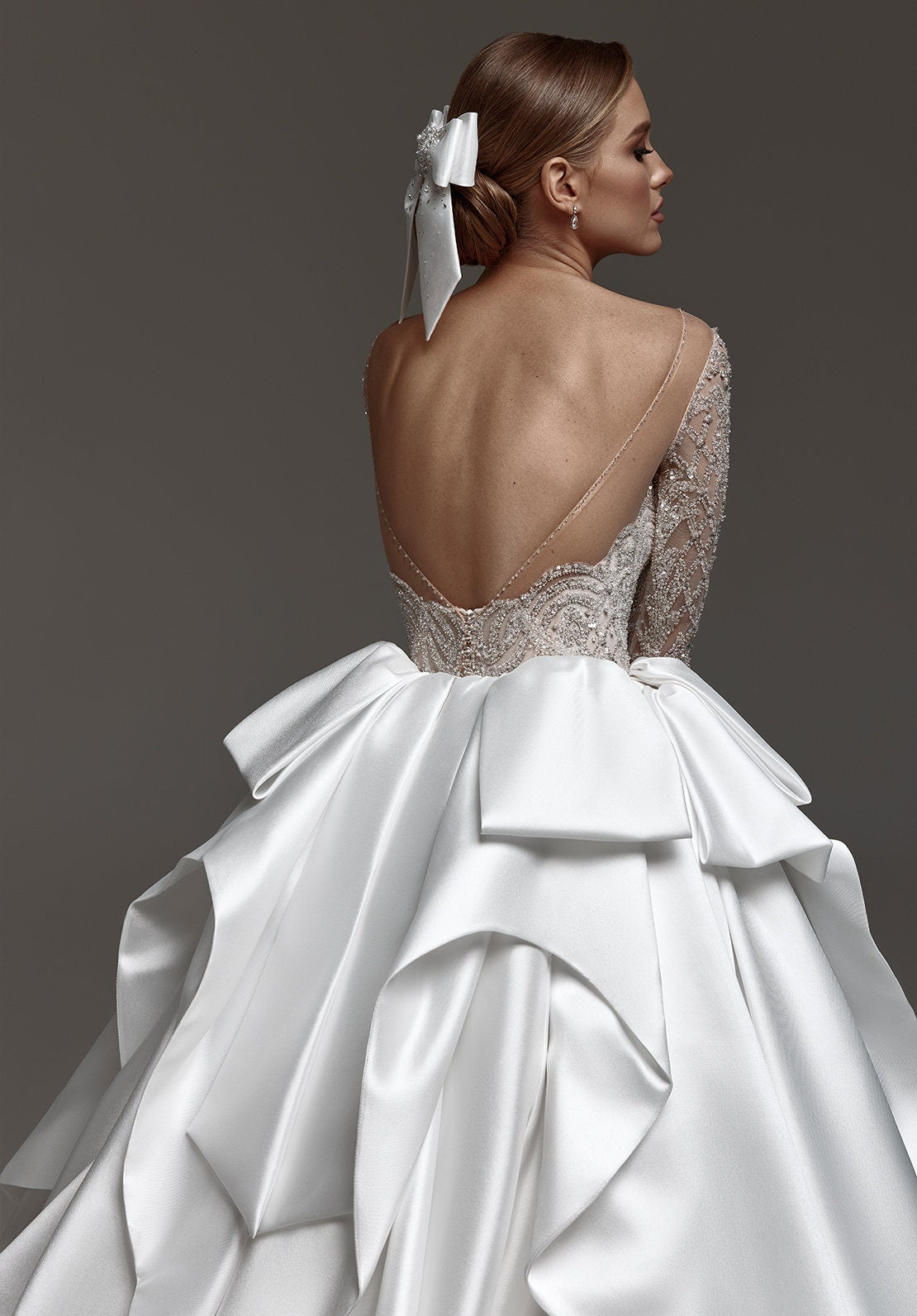 Crystal Beaded Plunging Illusion Sweetheart Long Sleeve A-Line Satin Pleated And Beautifully Layered Back Train With Open Back Gown