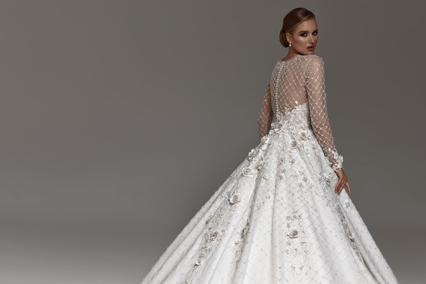 Shimmering Long Sleeve Diamond Grid Lace 3D Floral Appliqués Sweetheart A-Line Princess Ball Gown