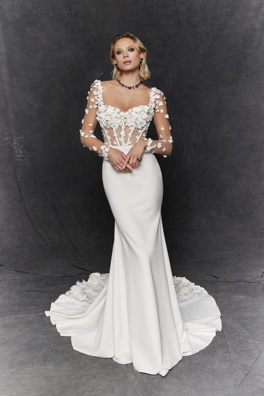 Sheer Scattered 3D Floral Appliqué Long Sleeve Sweetheart Corset Trumpet Gown With Floral 3D Train Bouquet Hem