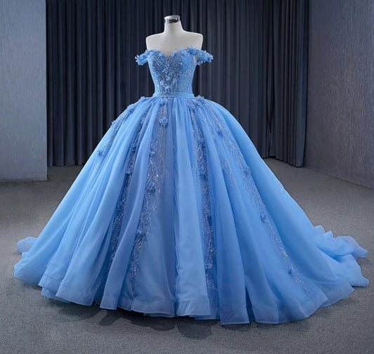 Blue 3D Floral Appliqué And Scattered Sequin Quinceañera Special Occasion Pageant Bat Mitzvah Princess Ball Gown