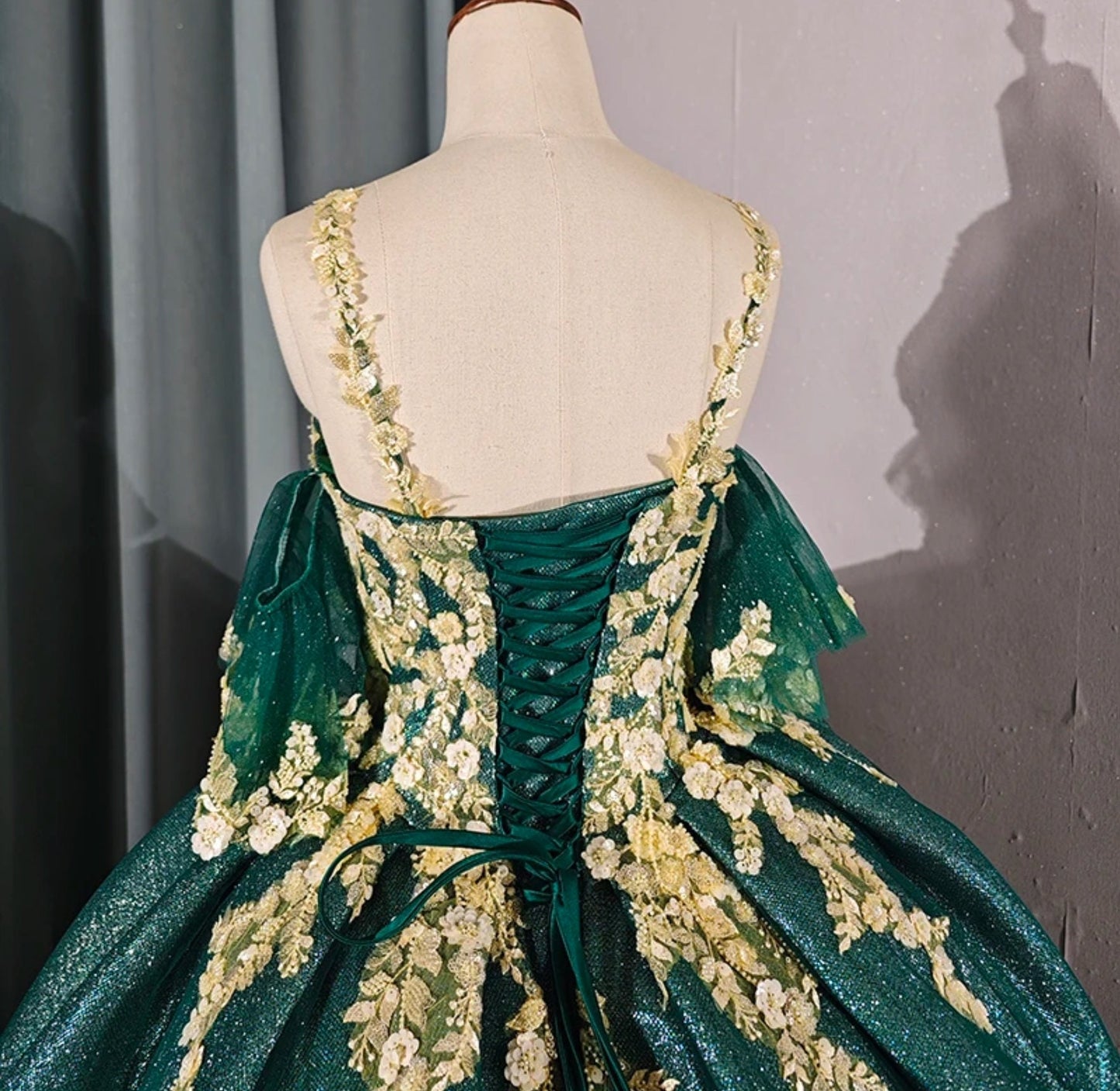 3D Floral Shimmering Gold & Emerald Green Spaghetti Strap Quinceañera Special Occasion Pageant Bat Mitzvah Princess Ball Gown