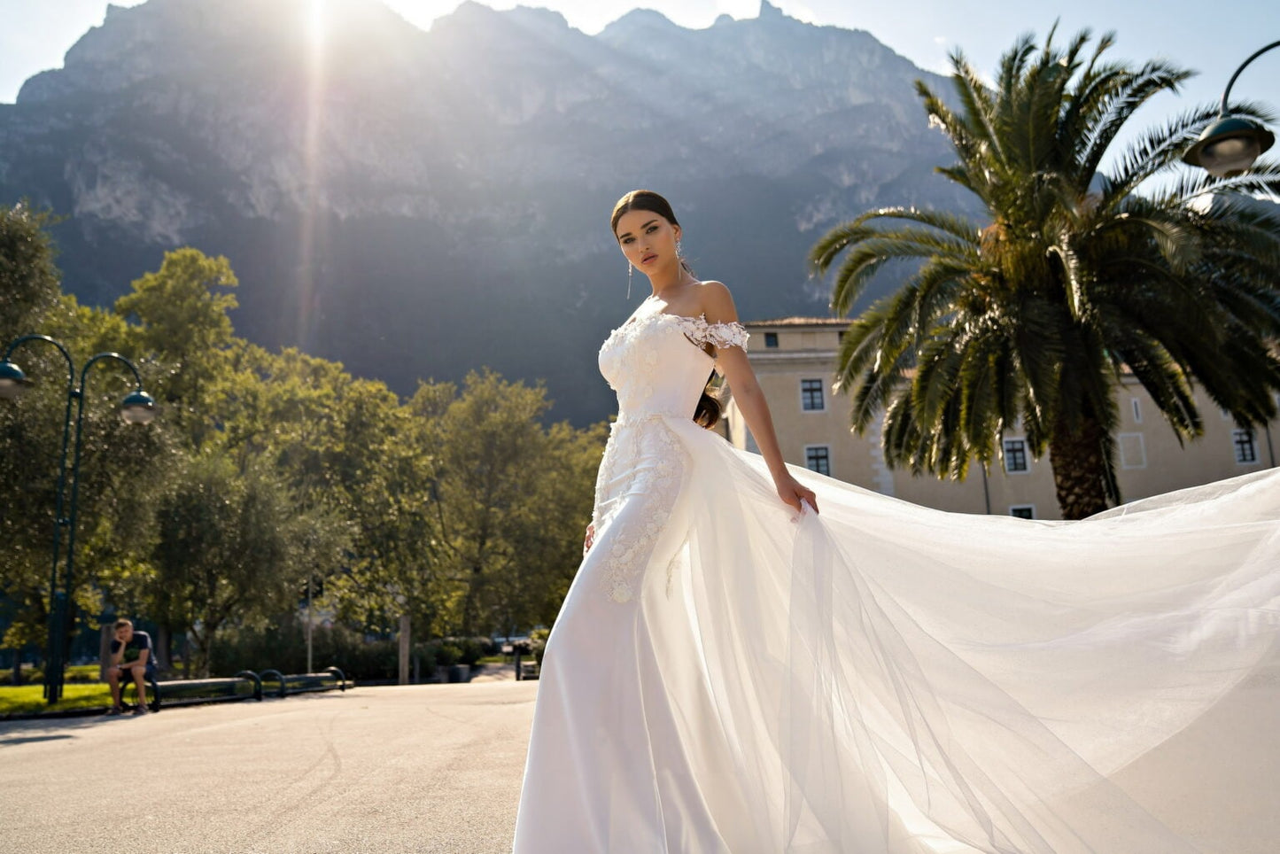 Beautiful Off The Shoulder Sweetheart Floral Lace Beaded And Pleated Trumpet Gown With Detachable Train