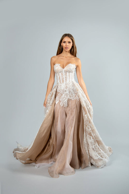 Beautiful Sequinned Floral Strapless Sweetheart Corset Style Trumpet Gown With Detachable Train