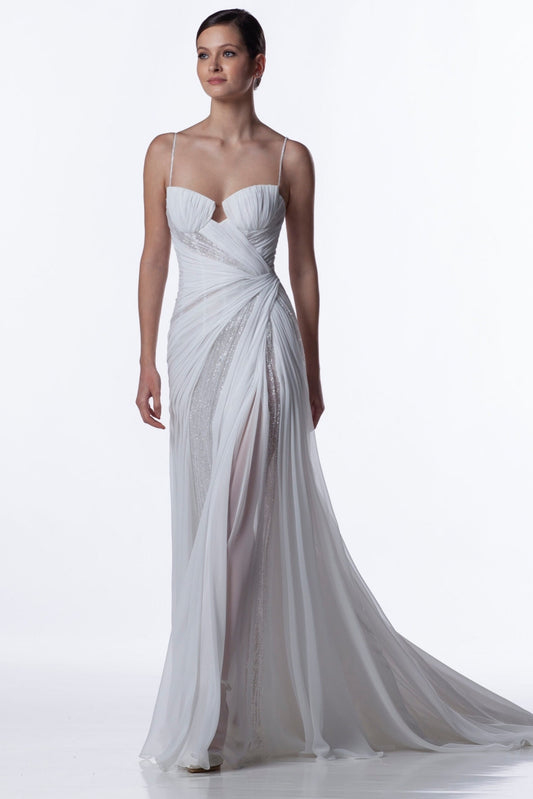 Pleated And Shimmer Sweetheart Criss Cross Crystal Beaded Spaghetti Strap Trumpet Bridal Gown