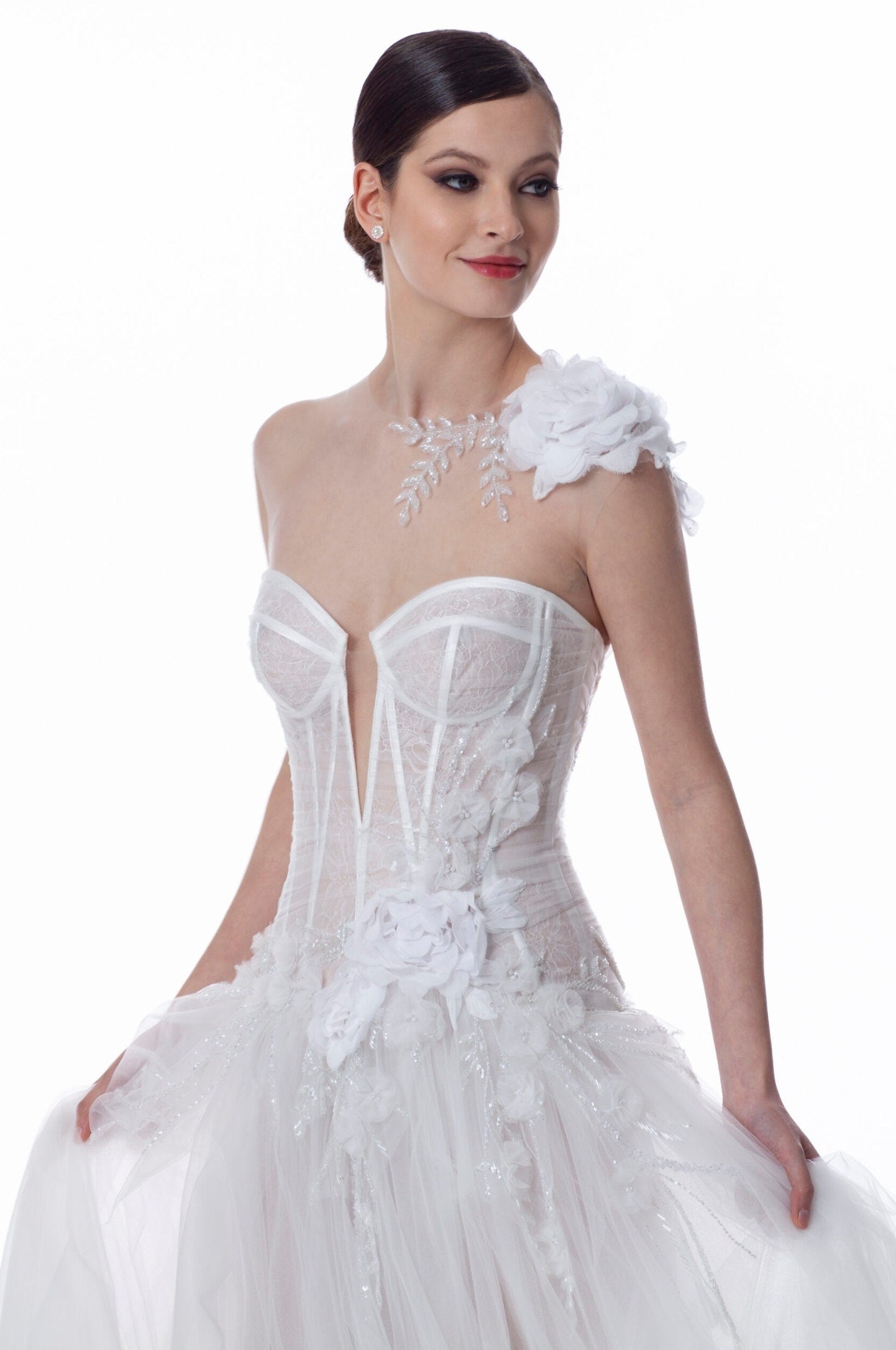 Strapless Illusion Sweetheart Plunging Floral Lace Corset A-Line Appliqué Detail Gown