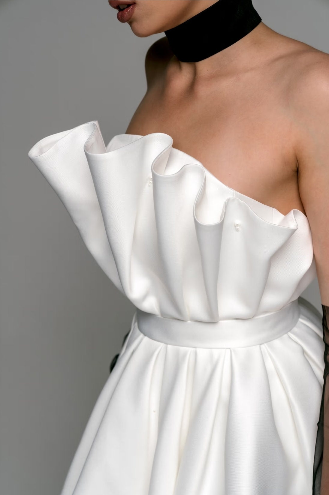 Strapless Wide Ruched Pearl Beaded Detail Natural Belted Waistline Above The Knee Dress With Detachable Train Hem