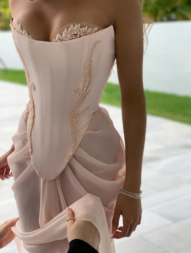 Draped Pink Blush Corset Strapless Sweetheart Scoop Crystal Multi Beaded Narrow Ruched Pleated Gown