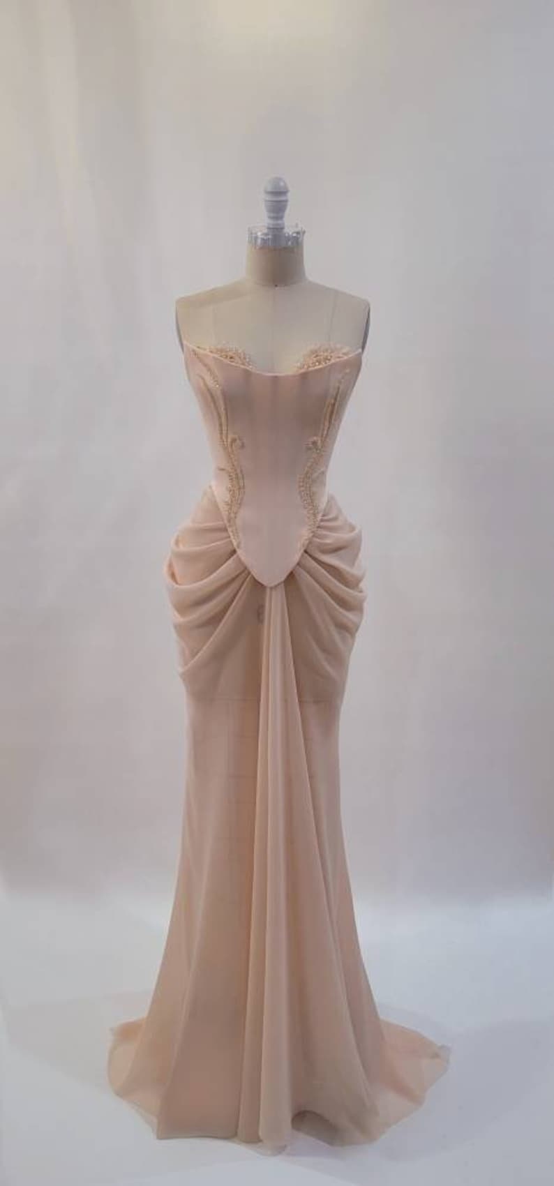 Draped Pink Blush Corset Strapless Sweetheart Scoop Crystal Multi Beaded Narrow Ruched Pleated Gown