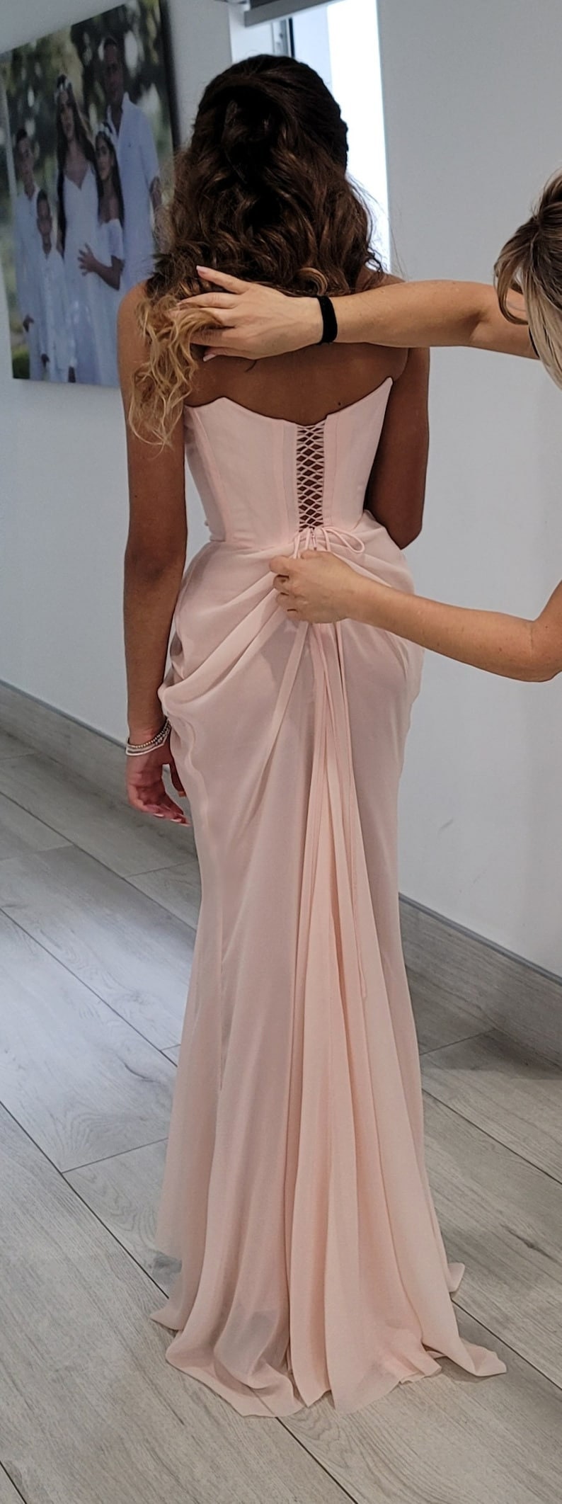 Draped Pink Blush Corset Strapless Sweetheart Scoop Crystal Multi Beaded Narrow Ruched Pleated Gown