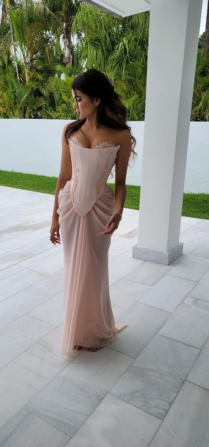 Draped Pink Blush Corset Strapless Sweetheart Scoop Crystal Multi Beaded Narrow Ruched Pleated Gown