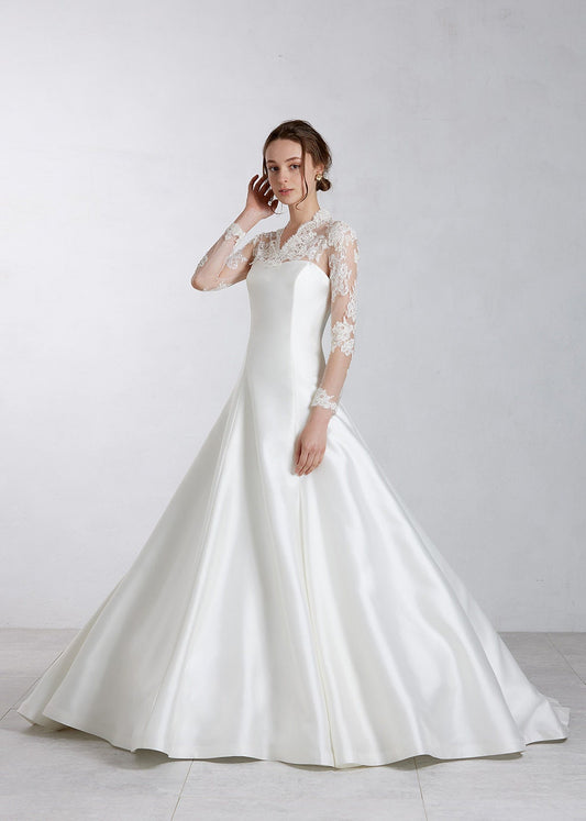 Simple Lace & Satin Long Sleeve Pleated Minimalist A-Line Civil Ceremony Elopement Vow Renewal Special Occasion Event Gown