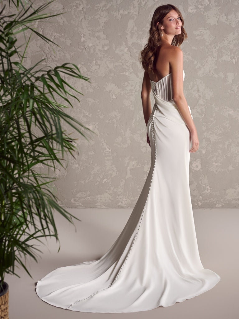 Pleated Corset Criss Cross Split Hem Strapless Trumpet Gown With Detachable Floor Length Trailing Sleeves