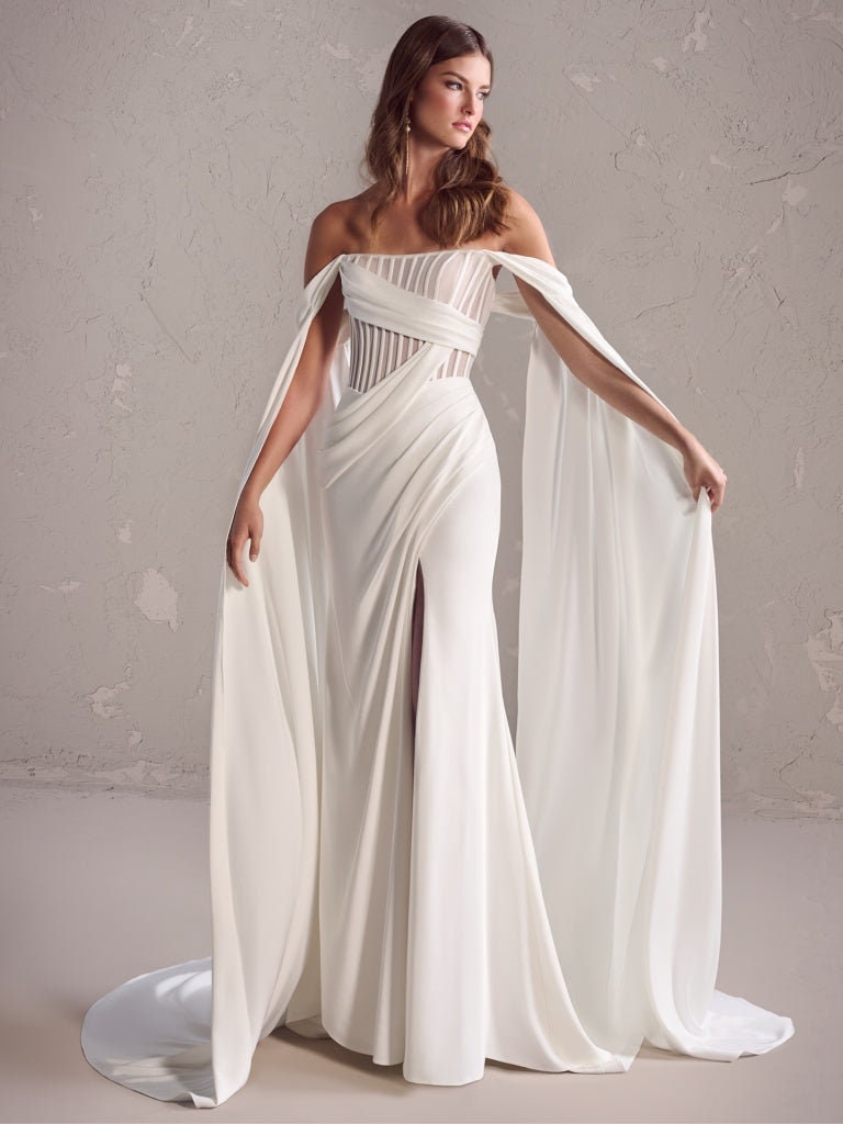 Pleated Corset Criss Cross Split Hem Strapless Trumpet Gown With Detachable Floor Length Trailing Sleeves