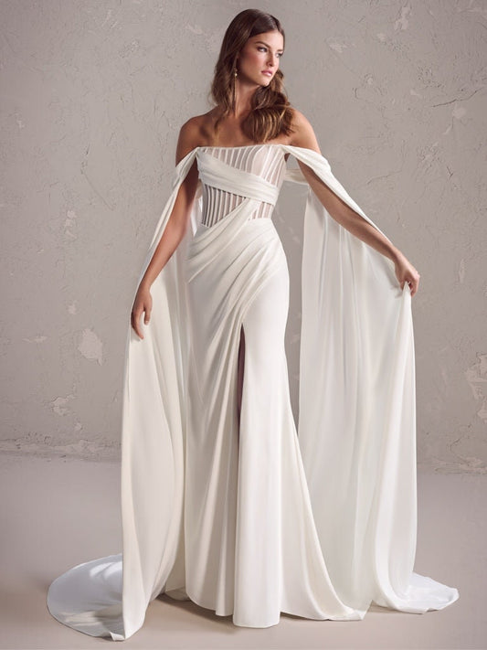 Pleated Corset Criss Cross Split Hem Strapless Trumpet Gown With Detachable Floor Length Trailing Sleeves