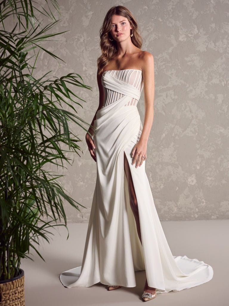 Pleated Corset Criss Cross Split Hem Strapless Trumpet Gown With Detachable Floor Length Trailing Sleeves